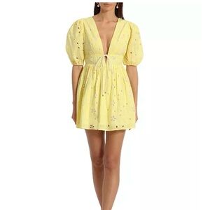 Avec Les Filles Mini Dress Eyelet Puff Sleeve Yellow White Size 10 NWT Cotton